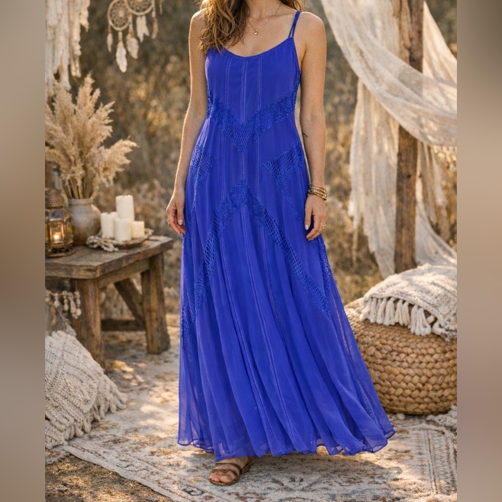 NWT Adelyn Rae Electric Blue Lace Maxi Dress Boho Strappy Wedding Guest Small